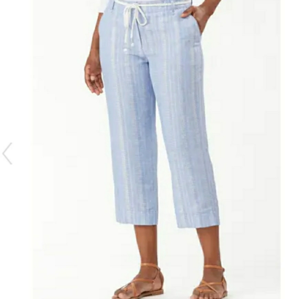 Tommy Bahama Striped Cropped Pants Linen Blend Light Blue Silver Womens Size 0